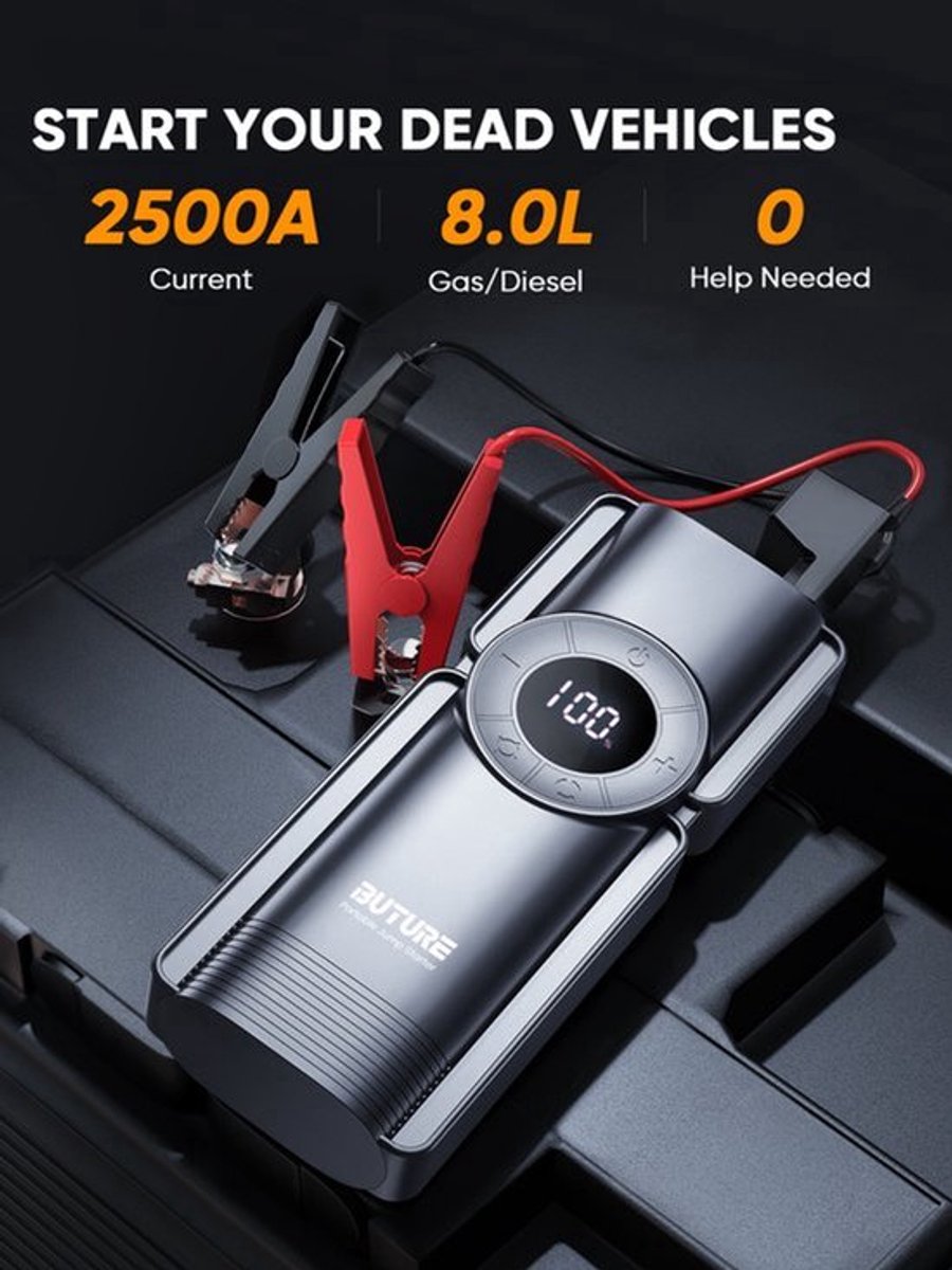 Draagbare Jumpstarter - 20000 mAh Powerbank - 2500A Piekstroom - Luchtcompressor - Voor Auto En Fiets