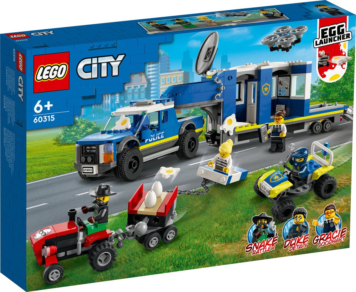 LEGO® City Mobiele commandowagen politie 60315 bouwset voor kinderen vanaf 6 jaar; met een pick-uptruck en aanhanger met gevangenis, een terreinwagen en een drone, een tractor met eier-aanhanger en 4 minifiguren (436 onderdelen) — afbeelding 17