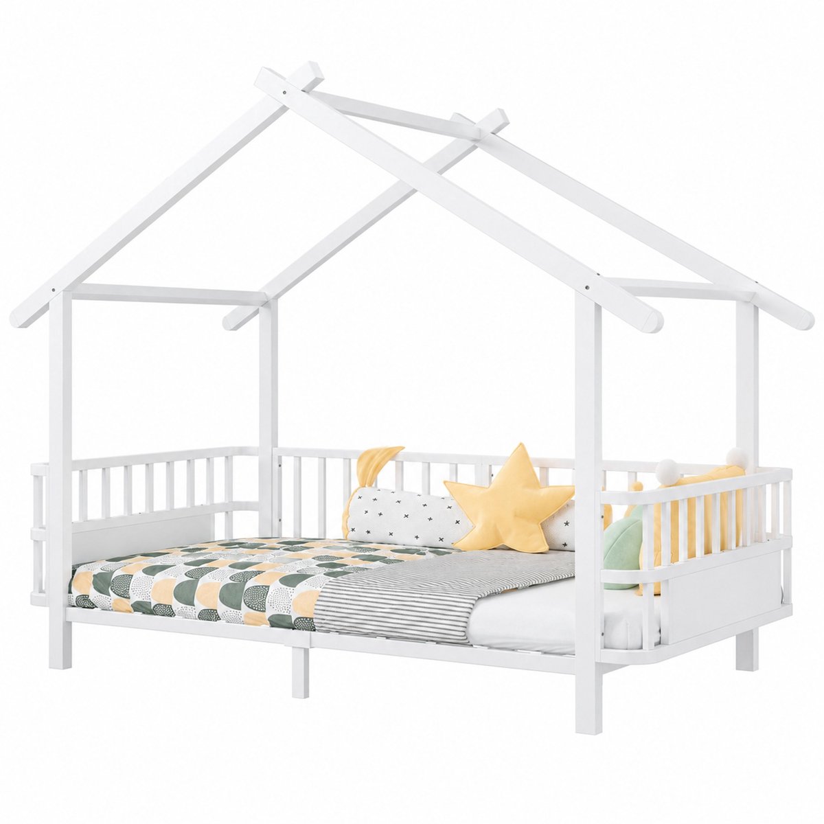 WUVRIE Hemelbed 90x200 cm van metaal met veiligheidsgitter en huisvormig dak, wit