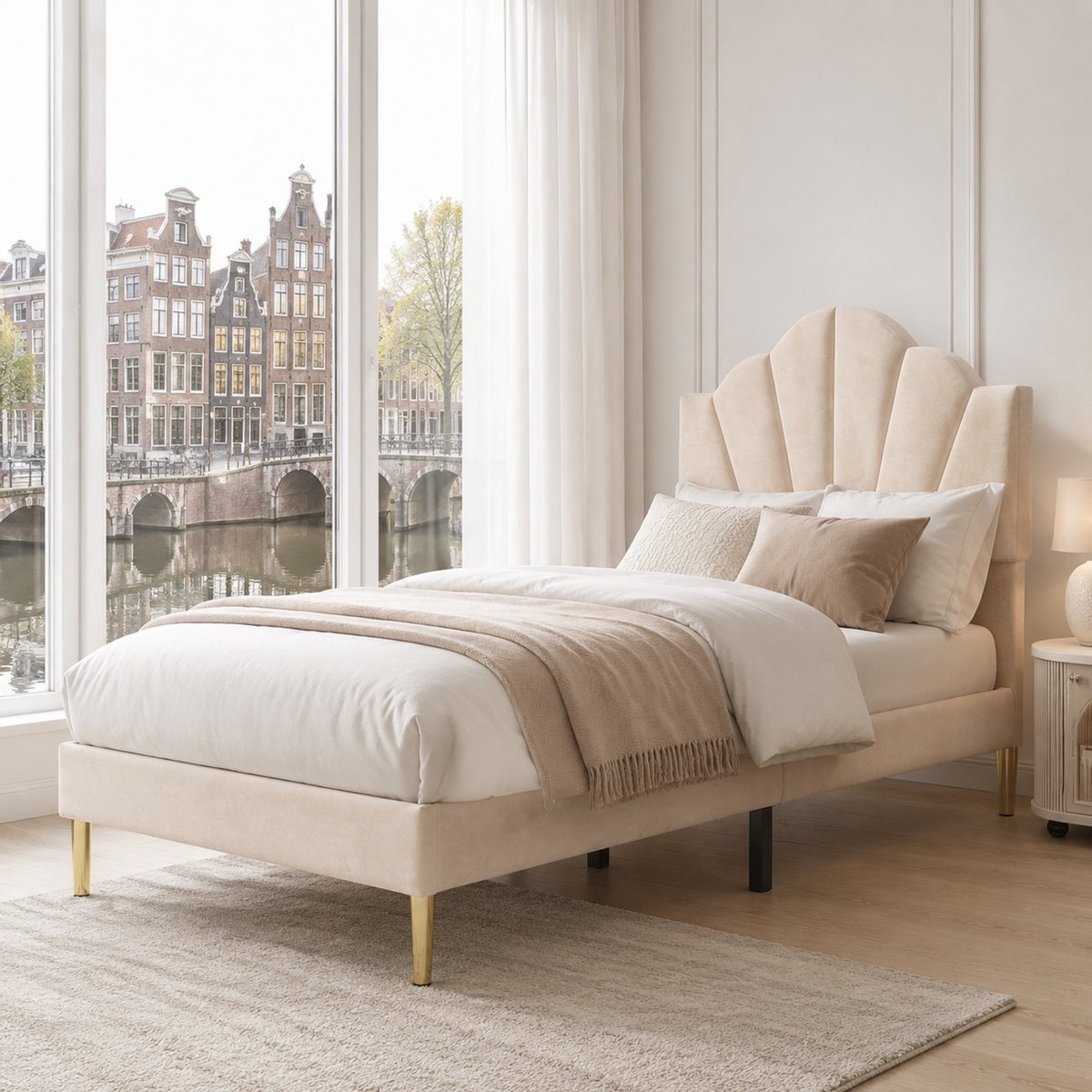 WUVRIE Eenpersoons gestoffeerd bed 90x200 cm met verstelbaar hoofdbord, lattenbodem en gouden poten, beige