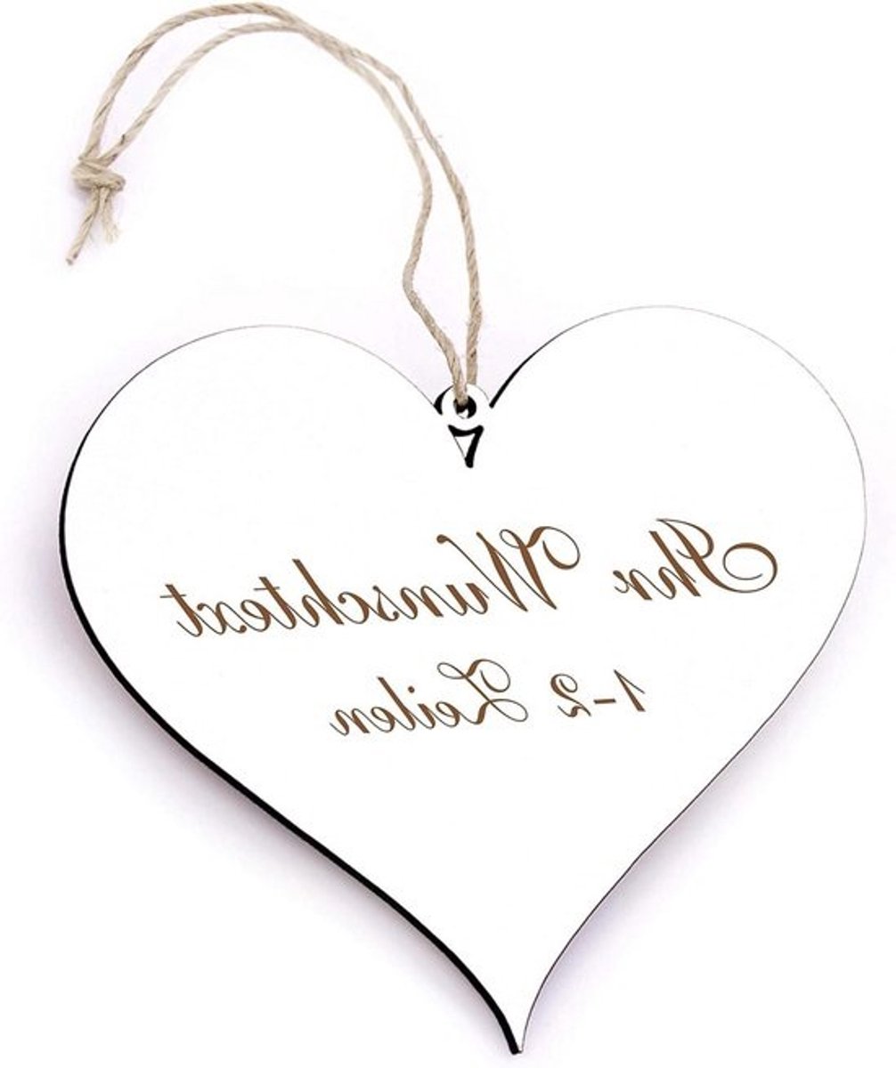 Decoratief Hartbord - Houten Bord Deurhanger - Woning Decoratie - Gegraveerde Tekst Naar Keuze - 13 x 12 cm - Wit