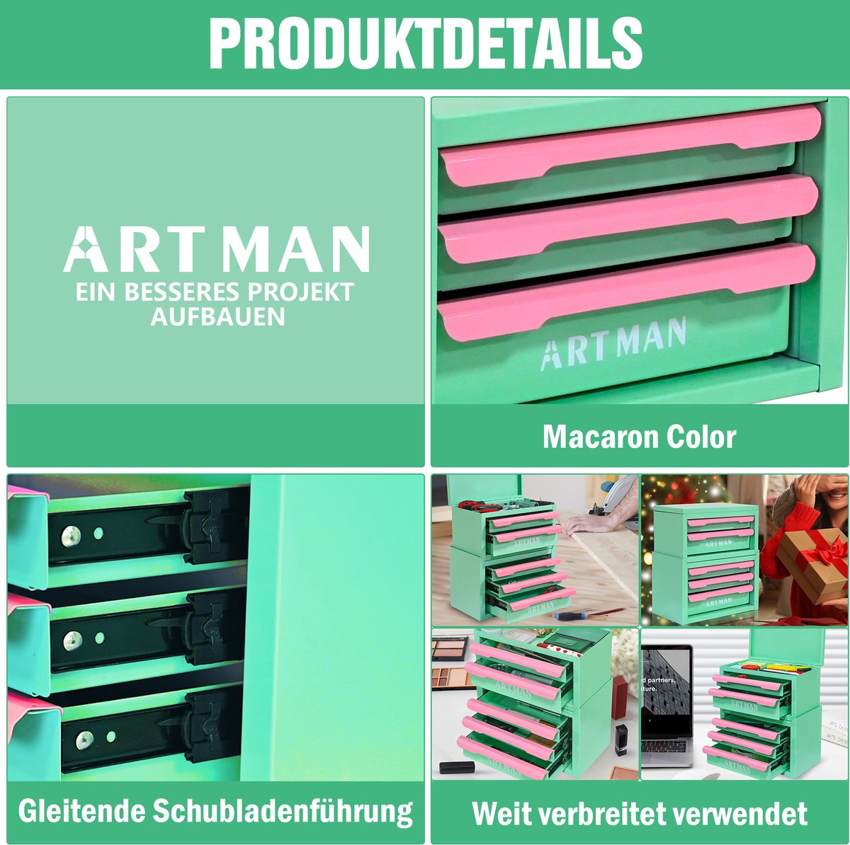 MODFU - Desktop Opbergkast - 5 Lades - Stapelbaar - Groen Roze - Metaal