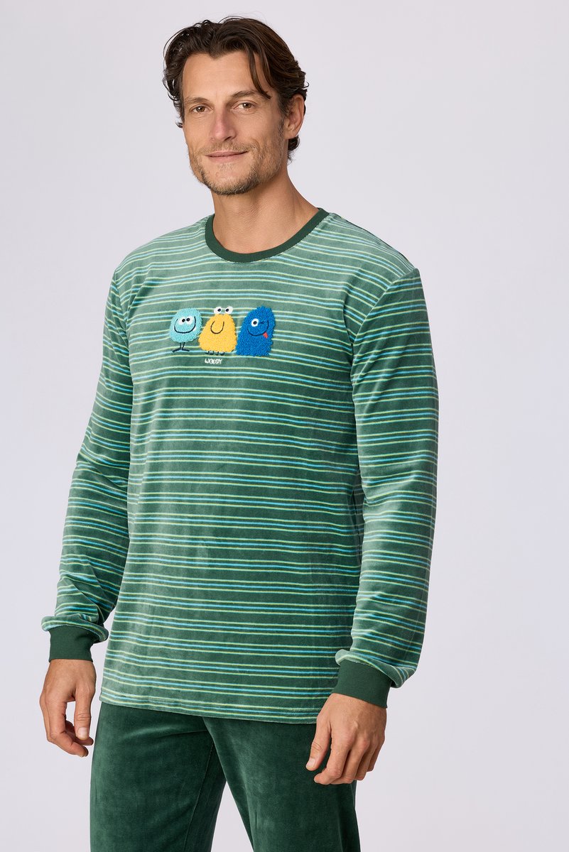 Woody Jongens-Heren pyjama groene streep - maat 140/10J