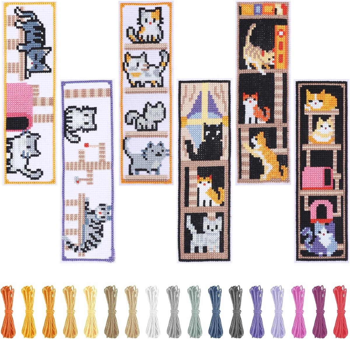6 Set Boek Merklap Boekenleggers Kits - Borduurset met Kat Patroon voor Beginners en Volwassenen - Stempelen en Borduren