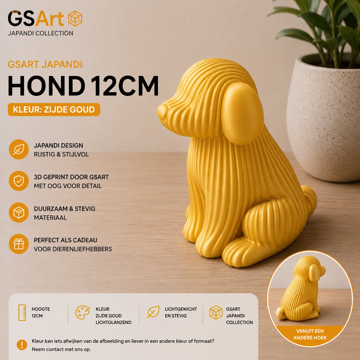 GSArt Japandi Hond – 3D Geprint Decoratiebeeld – Modern Japandi Woonaccessoire - 12cm Zijde Goud