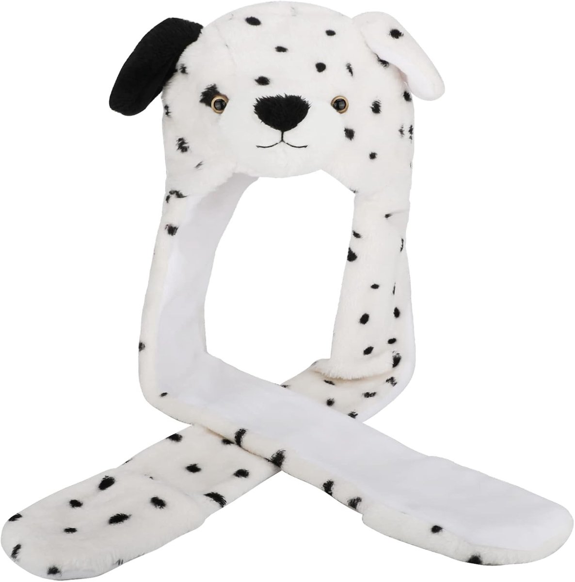 3-in-1 Dierenmuts, Sjaal en Handschoenen Set - 85cm Lange Neppels Cartoon Pluche voor Volwassenen en Tieners, Cosplay Kostuum en Carnaval Accessoire, Gevlekte Hond