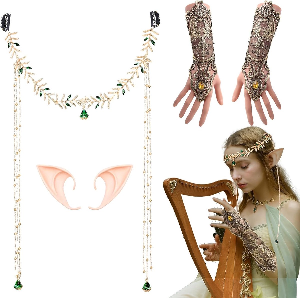 Elf kostuumaccessoire set met feëroor, kant handschoenen en accessoires voor Halloween, bruiloften en themafeesten