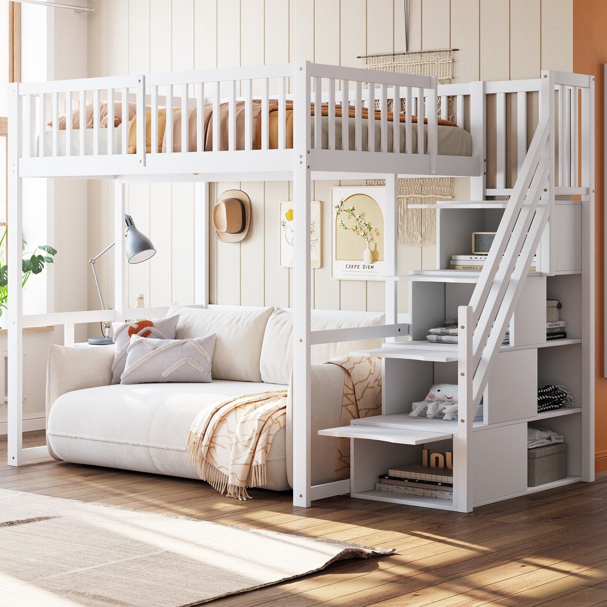 REDOM - Bed - Hoogslaper met opbergladder - Veiligheidsomranding en 15 latten - Ruimte onder bed - Slaapkamer - Hout en MDF - Wit - 252 x 147 x 180,5 cm