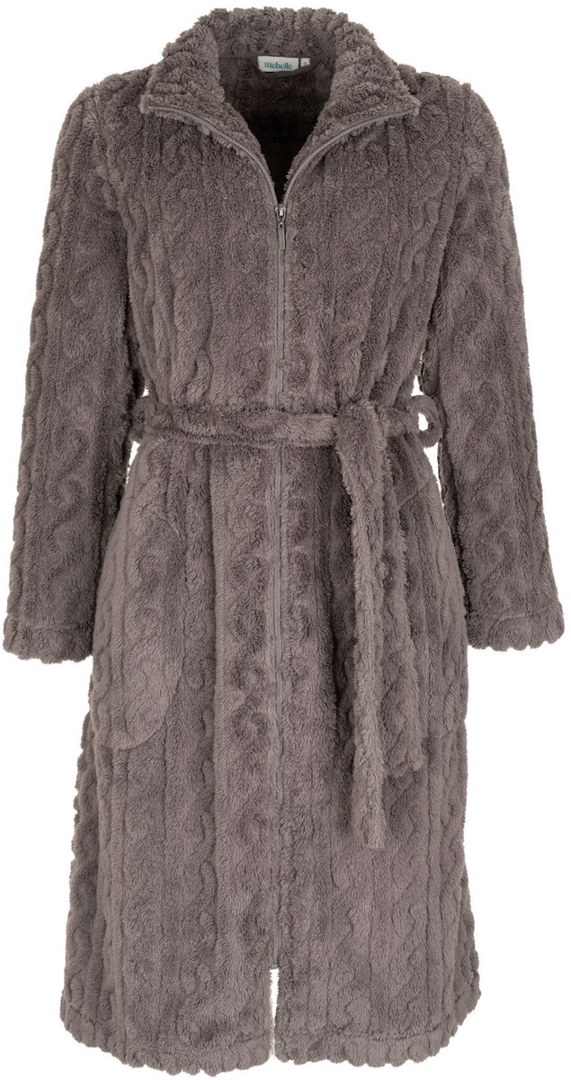Badjas dames met rits - zacht fleece - ritssluiting en ceintuur - dames ochtendjas taupe - maat 2XL (52-54)