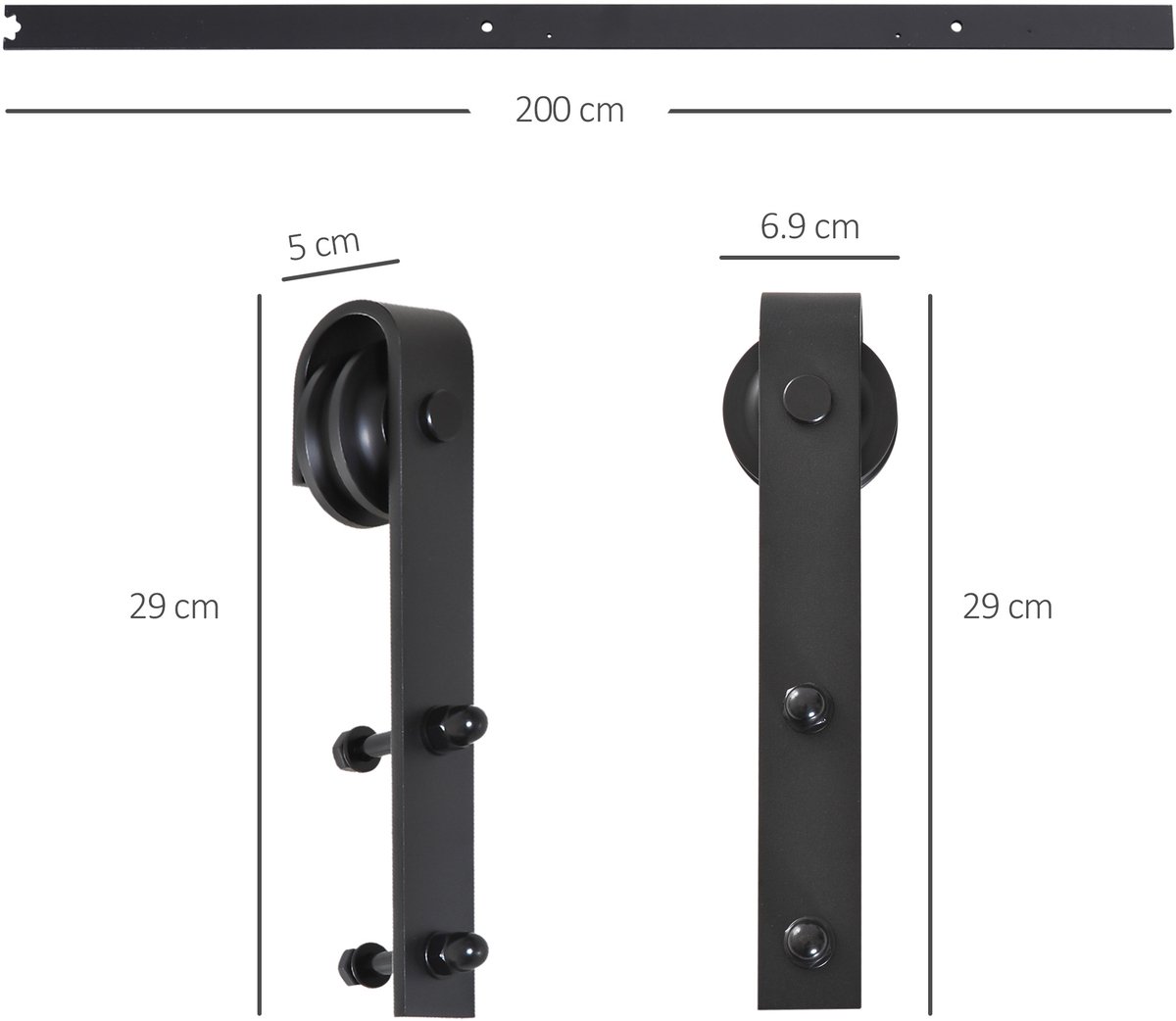REDOM - Schuifdeurbeslagset - 200 cm compleetset met rails en rollen - Met schienenstopper en bodemblok - Voor houten deuren - Staal - Zwart - 200 cm
