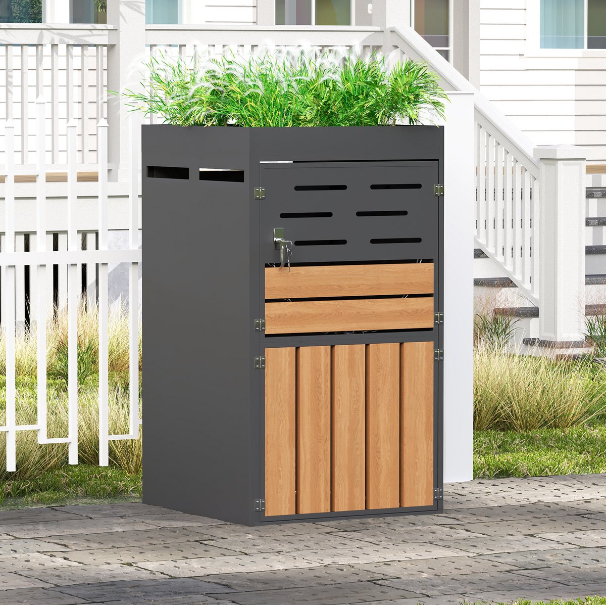 Wishdor Containerberging - Met geïntegreerde plantenbak en lamellenventilatie - Afsluitbaar met ketting - Voor tuin terras balkon - Metaal - Grijs - 66 x 80 x 128 cm