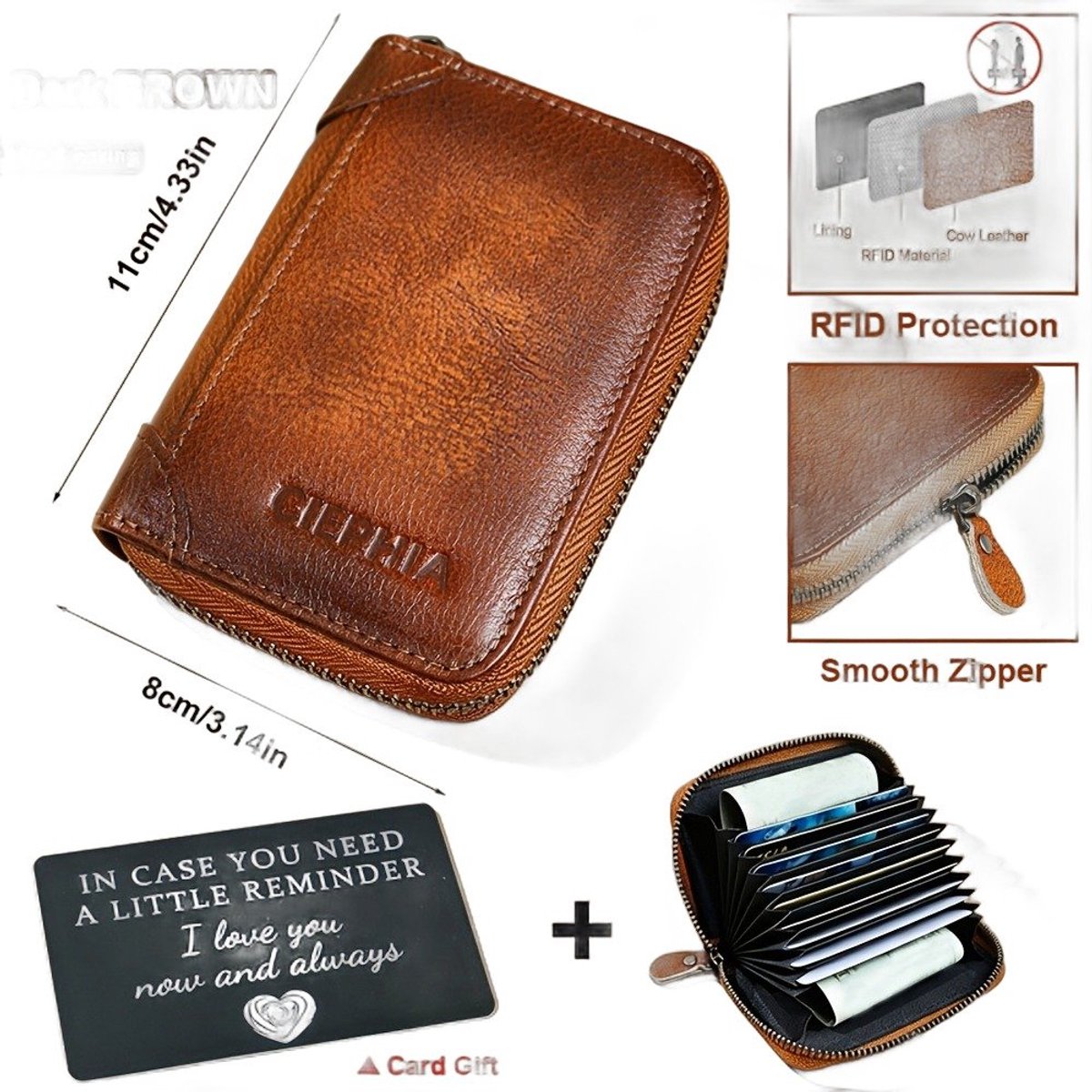 Currero Portomonee - Portemonnee Dames & Heren - RFID Anti Skim - Pasjeshouder - Klein Model - Met Rits - Kunstleer - Bruin