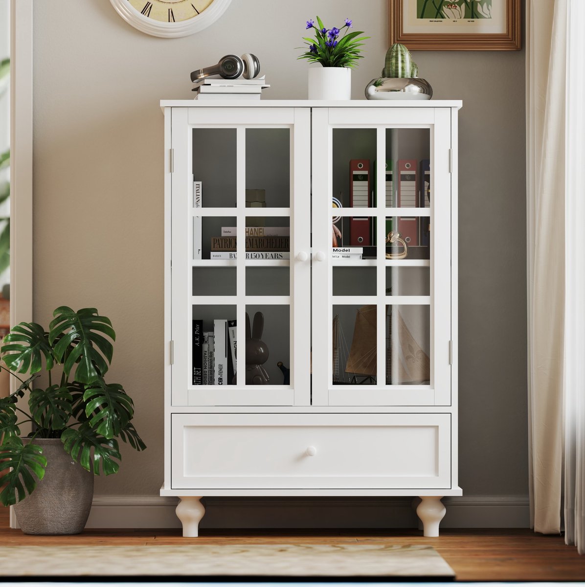 REDOM - Buffetkast - Dubbele glasdeuren en lade - Gelaagde opbergruimte - Staand model - Woonkamer of keuken - MDF en glas - Wit - 71,12 x 38,1 x 96,52 cm