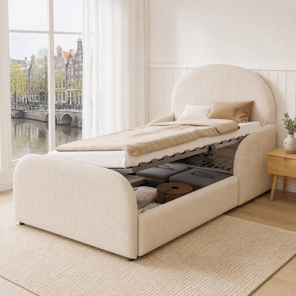 WUVRIE Kinderbed 90x200 cm met hydraulische opbergruimte, hoog hoofd- en voeteneinde, beige