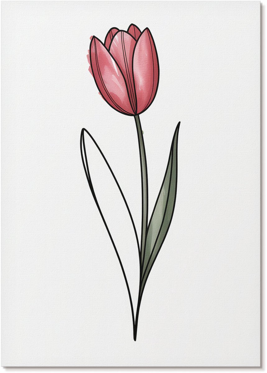 Tulup Polycanvas Poster - Roze Tulp, Lijntekening - A4 - Roze Wandposter - Rechthoek - Wandkunst - Woonkamer, Slaapkamer, Kantoor - Minimalist