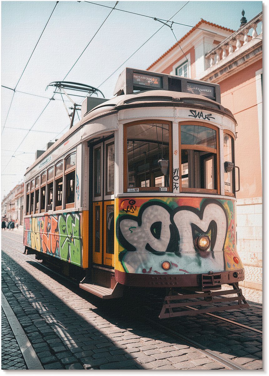 Tulup Polycanvas Wandposter - Graffiti Tram, Fotografie - A4 - Geel Motief - Rechthoek - Muurkunst - Woonkamer, Slaapkamer, Kantoor - Modern