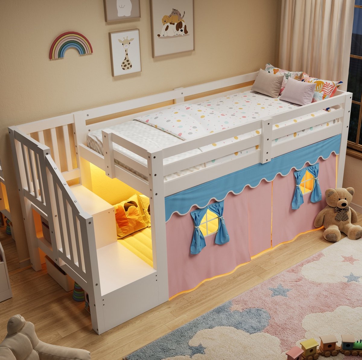 DESMIU Halfhoogslaper 90 x 200 cm Met Matras – Bed Met LED Verlichting En Verduisteringsgordijnen – Opbergruimte Onder Bed – Kinderkamer – Hout En MDF – Wit