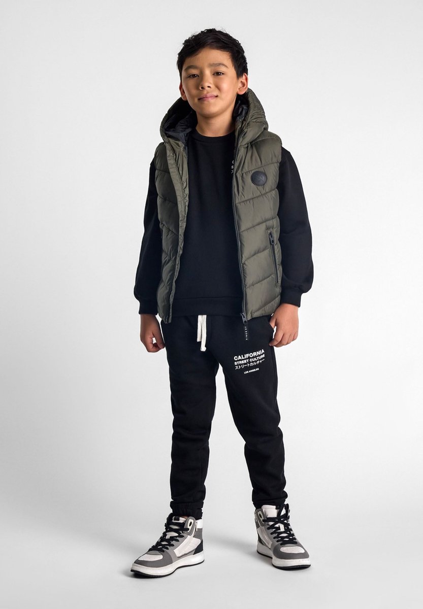 Minoti gewatteerde bodywarmer jongens met capuchon kaki rits Creme