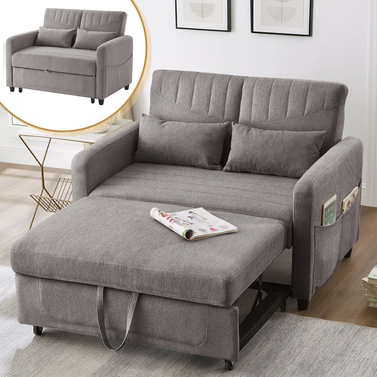 Slaapbank - 114 x 77 x 82,5 cm - met schuimvulling - met slaapfunctie - met verstelbare rugleuning - met houten poten - met armleuningen - Grijs