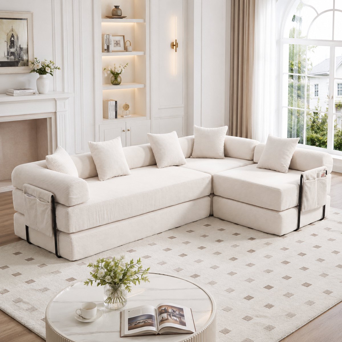 Slaapbank - 270 x 180 x 64 cm - corduroy bekleding - met slaapfunctie - met opbergruimte - modulair samen te stellen - huisdiervriendelijk ontwerp
