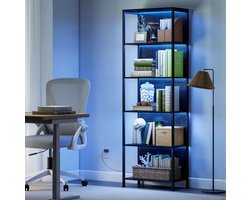 REDOM - Boekenrek - 5 niveaus - LED-verlichting - open opbergruimte - industriële stijl - woonkamer, kantoor - houtlook en staal - Zwart - 60 x 30 x 179 cm