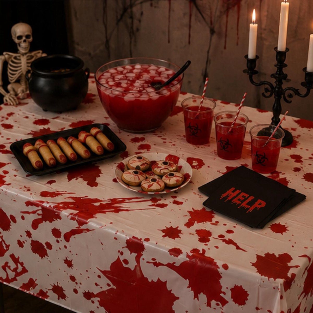 Atosa Halloween party tafelkleed - Bloody mess - rood/wit - 240 x 120 cm - folie - Rechthoek - tafeldecoratie - feestversiering