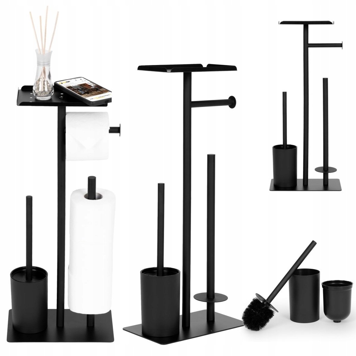 Zwarte Toiletrolhouder met Borstel en Plank - Modern Design