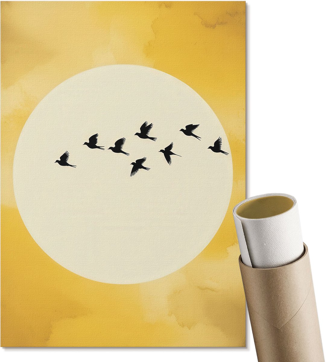Coloray Polycanvas Poster - Vlucht Van Vogels, Waterverf - A4 - Geel Wanddecoratie - Rechthoek - Kunstposter - Woonkamer, Slaapkamer, Kantoor - Minimalist