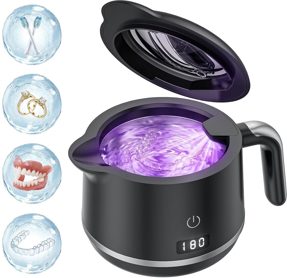 Reinigingscapsule voor gebitsreiniging - 45 kHz ultrasone reinigingsmachine voor kunstgebitten, gebitsbeschermers, beugels, aligners en nachtbeugels, digitale timer, 5 standen, 200 ml inhoud, inkt