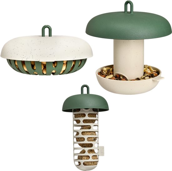 Drie vogelvoeders in groen en gespikkeld crème gerecycled plastic, getoond in een set.