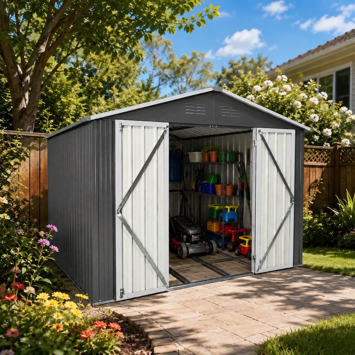 Multifunctionele tuinhuis - Metaal Gereedschapsschuur - Tuinhuis met Schuin Dak - Outdoor Tuinopslag - 248x300x191 cm - 7,46m²- Met geïntegreerd vloerframe - Met Afsluitbare deur - Weerbestendig - Voor Achtertuin, Terras en Grasveld - Zwart