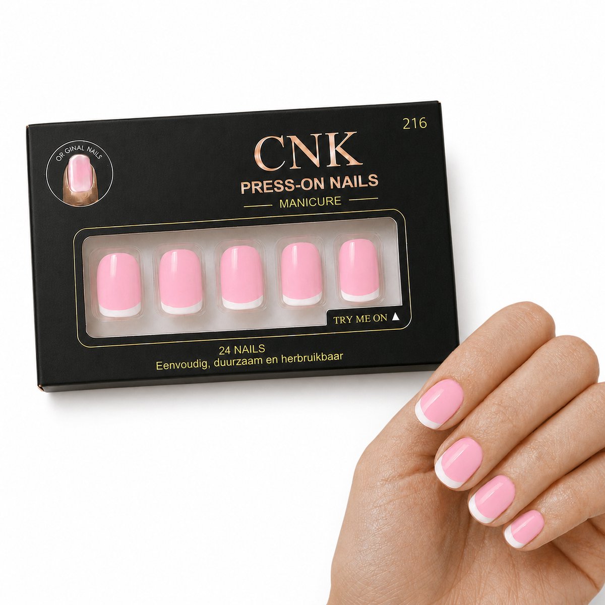CNK 216 Press On Nails - Plaknagels - 24 Kunstnagels met Nagellijm, 24 Zelfklevende Plakstickers, Cleaner Wipe, Nagelvijl, Woodstick & Size Matcher - Nepnagels voor 7-14 Dagen - Herbruikbare Press-On Nagels - Starterspakket voor Manicure & Nail Art