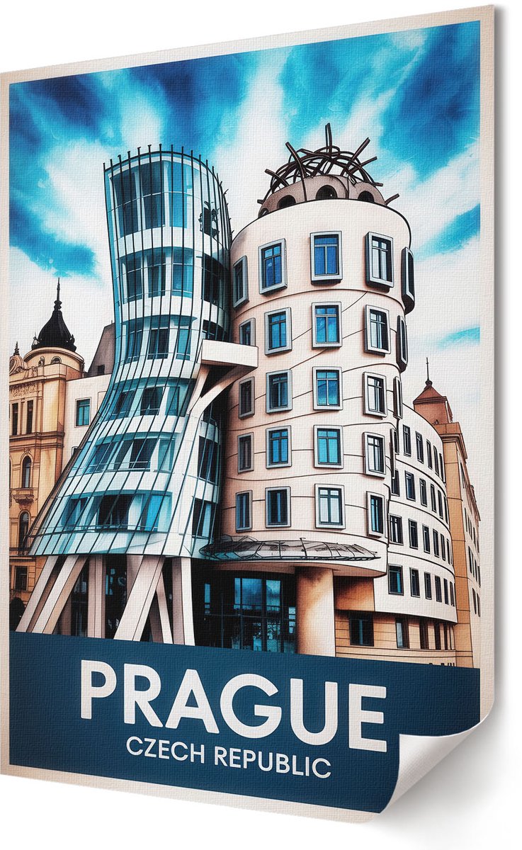 Coloray Polycanvas Wandposter - Architectuur Praag, Poster - 420 x 594 - Blauw Illustratie - Rechthoek - Canvasposter - Woonkamer, Slaapkamer, Kantoor - Modern