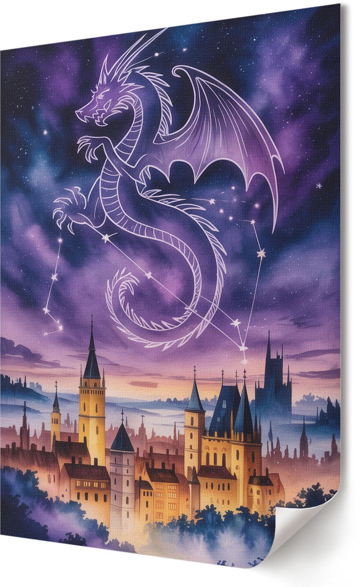 Coloray Polycanvas Wandposter - De Draak En Het Kasteel, Illustratie - 420 x 594 - Paars Patroon - Rechthoek - Muurkunst - Woonkamer, Slaapkamer, Kantoor - Romantisch