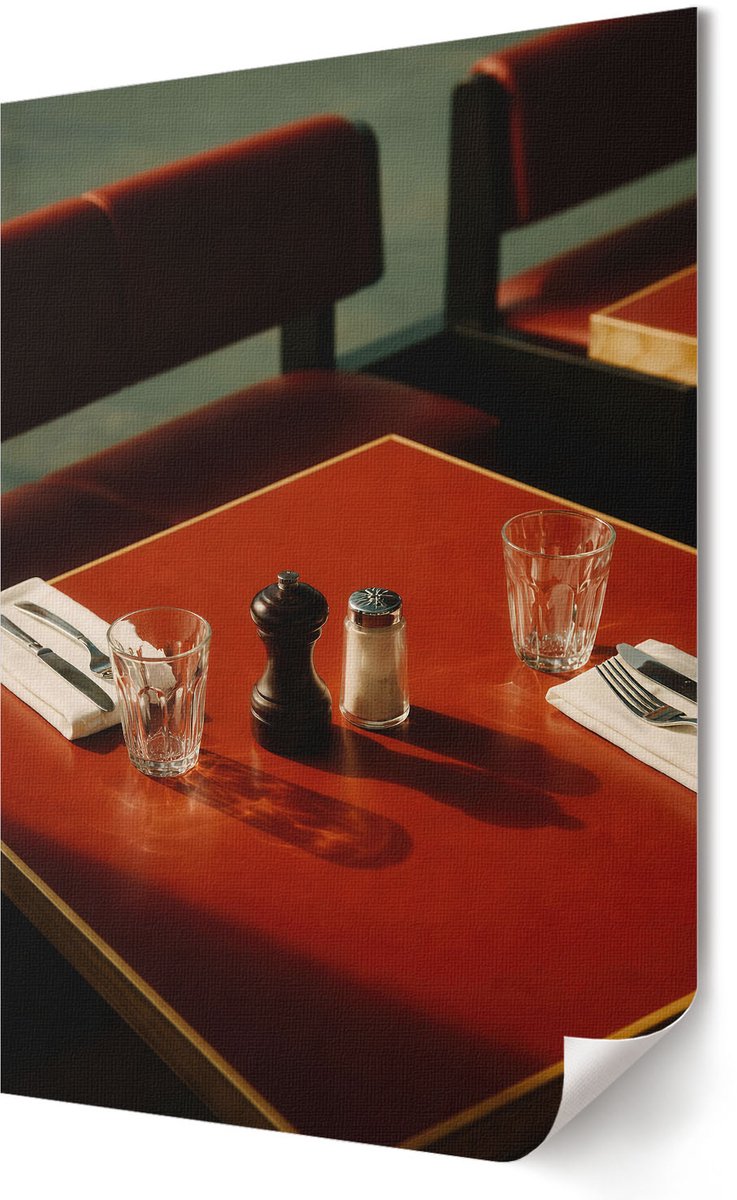 Coloray Polycanvas Wandposter - Een Tafel In Een Restaurant, Fotografie - 420 x 594 - Rood Patroon - Rechthoek - Muurkunst - Woonkamer, Slaapkamer, Kantoor - Retro