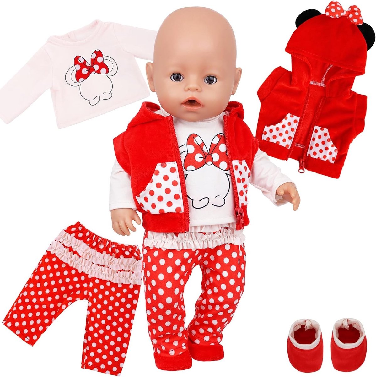 Set van Kleding voor Poppen van 14-18 Inch met Rood Gestippelde Vest, Muizenkleding en Sokken voor Pasgeborenen - Perfect voor Meisjes en Pasen