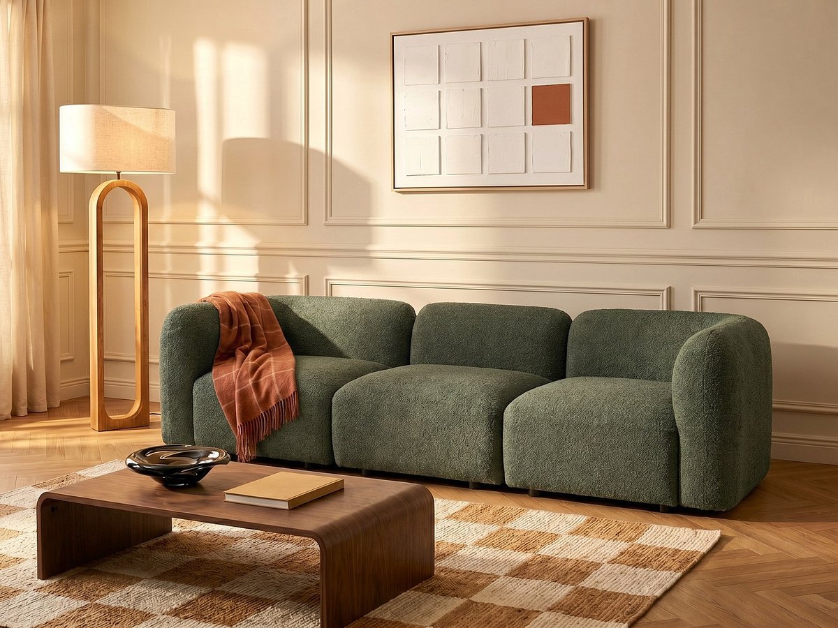 Vente-unique Modulaire driezitsbank in groene boucléstof DANEPI