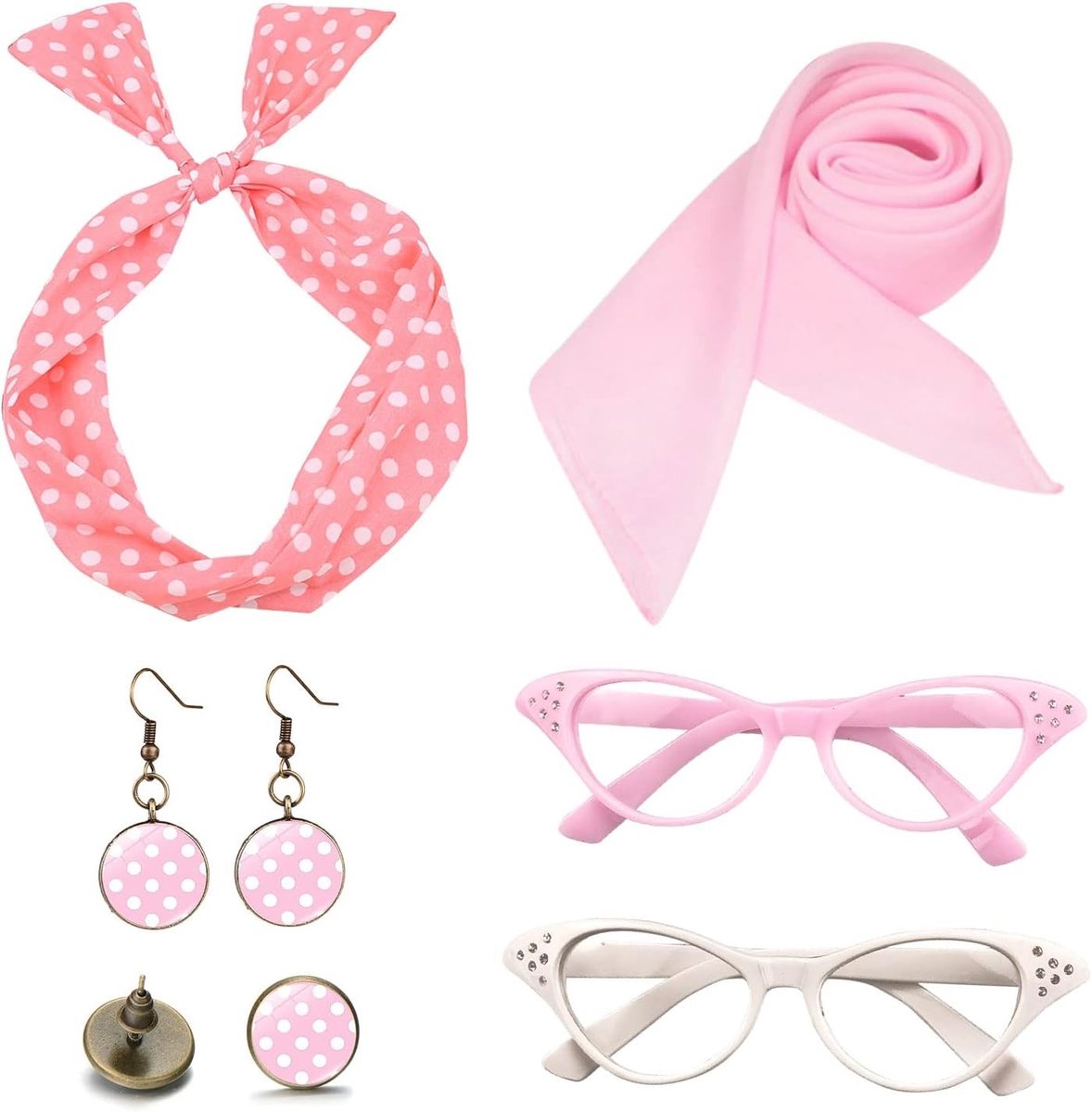 6 Stuks Rockabilly Accessoires voor Dames - 50s Jurkaccessoires met Polka Dots, Chiffon Sjaal en Cat Eye Bril voor Retro Moto en Feestjes