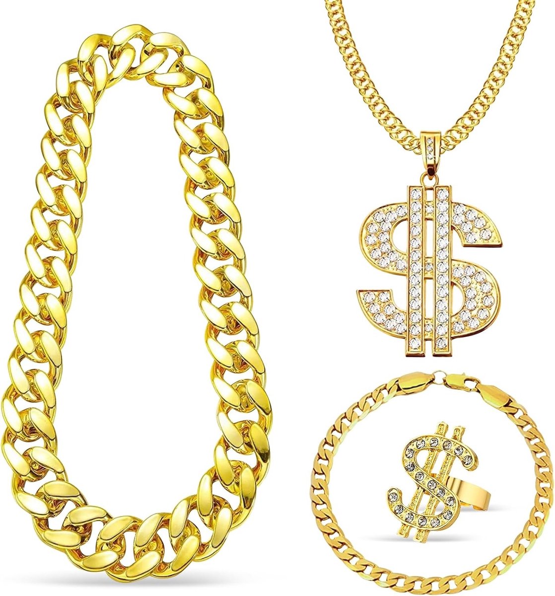 Hip Hop Kostuum Set voor Mannen met 80s en 90s Accessoires, Gouden Ketting, Dollar Halsketting, Ring en Armband voor Carnaval en Feestjes