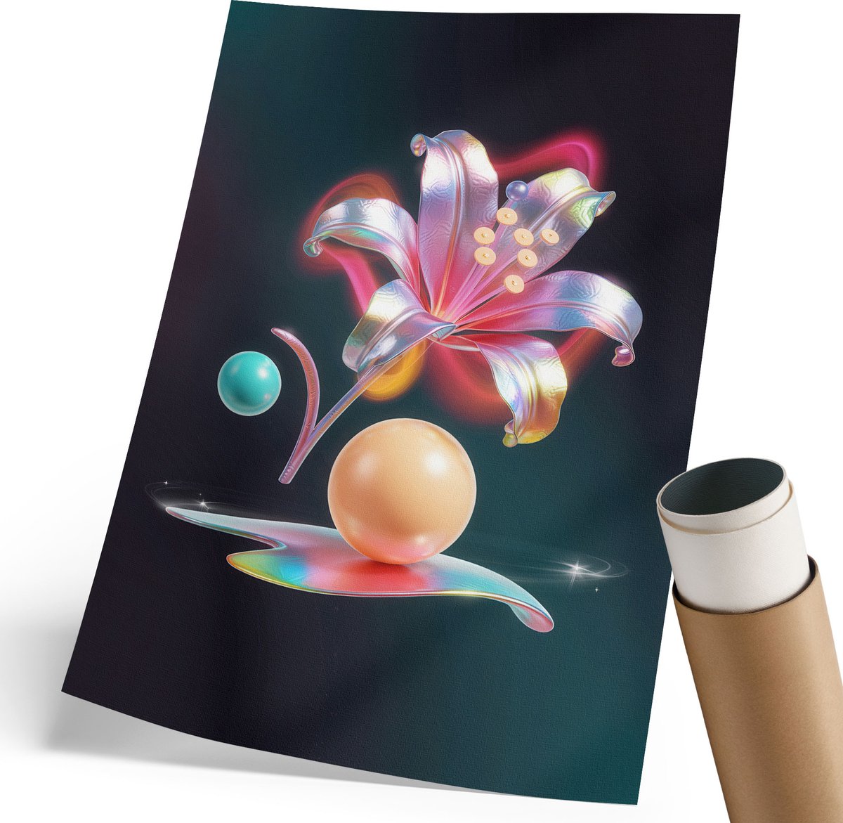 Coloray Polycanvas Poster - Neonlelie, Illustratie - 210 x 297 mm - Blauw Wandposter - Rechthoek - Muurdecoratie - Woonkamer, Slaapkamer, Kantoor - Modern