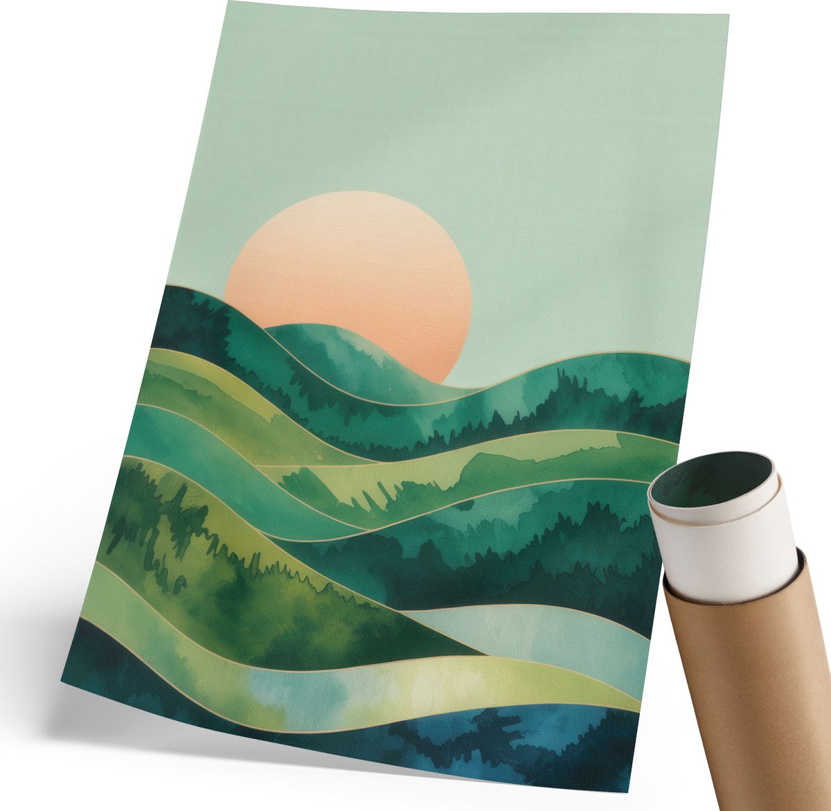 Coloray Polycanvas Poster - Groene Heuvels, Schilderen - 210 x 297 mm - Groen Kunst - Rechthoek - Kunstposter - Woonkamer, Slaapkamer, Kantoor - Expressief