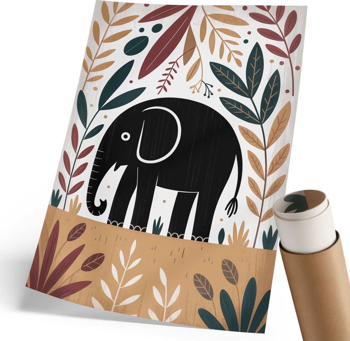 Coloray Polycanvas Wandposter - Olifant In De Bladeren, Illustratie - 210 x 297 mm - Zwart Patroon - Rechthoek - Muurkunst - Woonkamer, Slaapkamer, Kantoor - Kinder