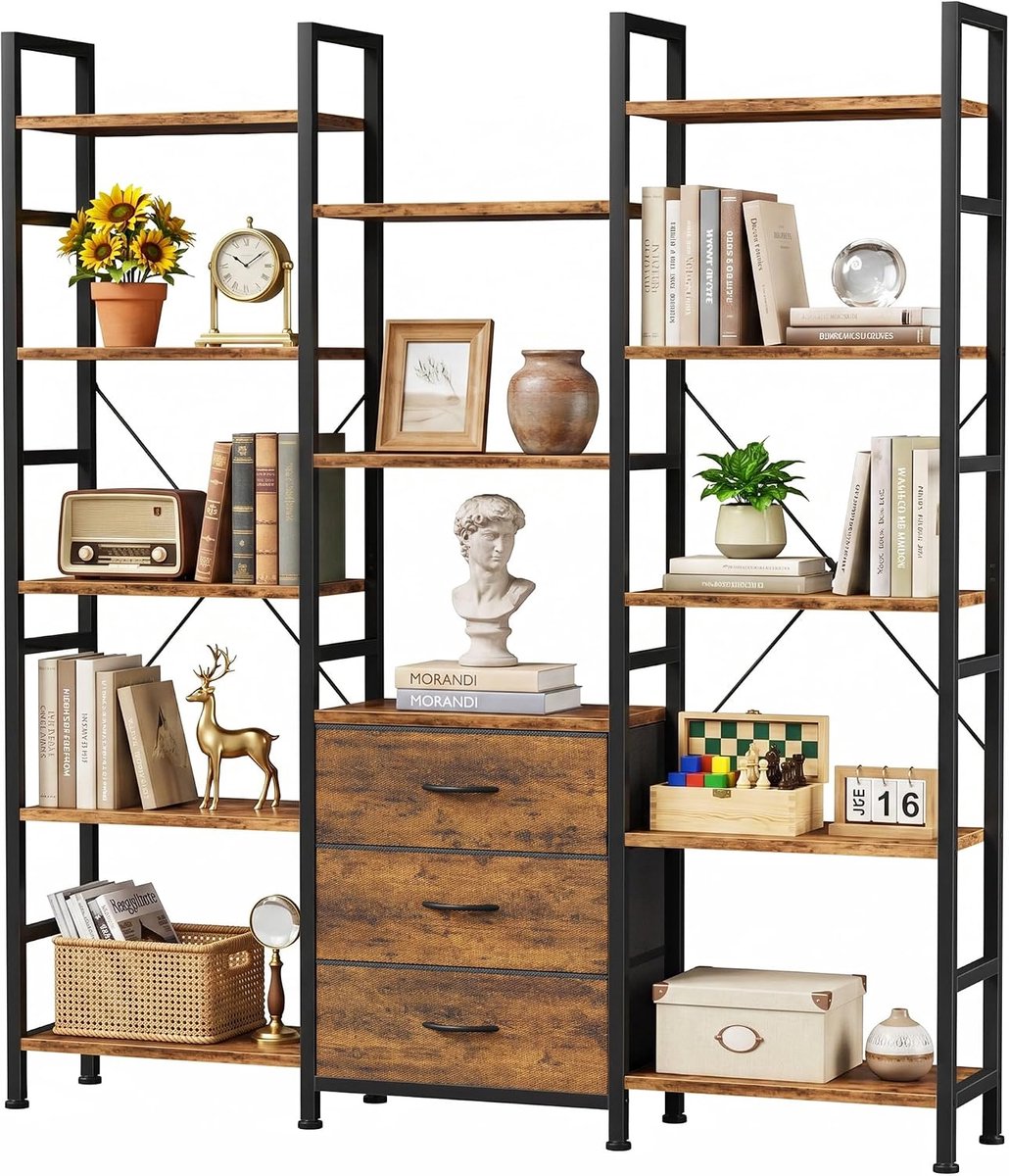 Boekenkast 120Wx168H cm, 5-Laags, 3 Stoffen Lades, Rustiek hout