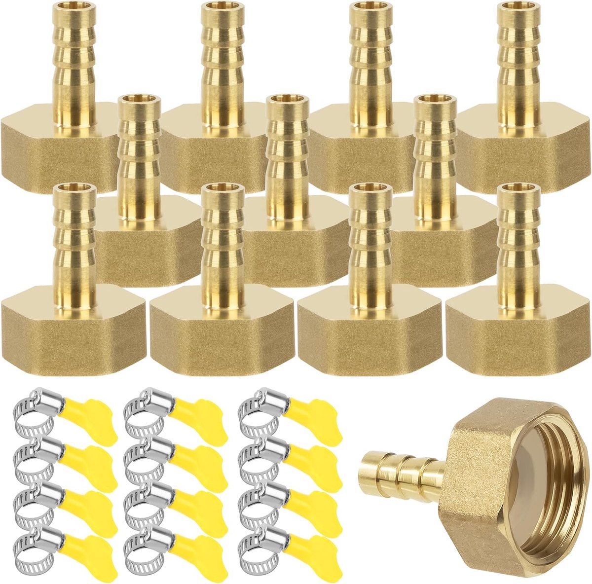 Slangverbinder, 12 stuks 8 mm barx 3/4 inch vrouwelijke slangconnector van messing, slangverbinder-adapter met klem voor water, gas, lucht