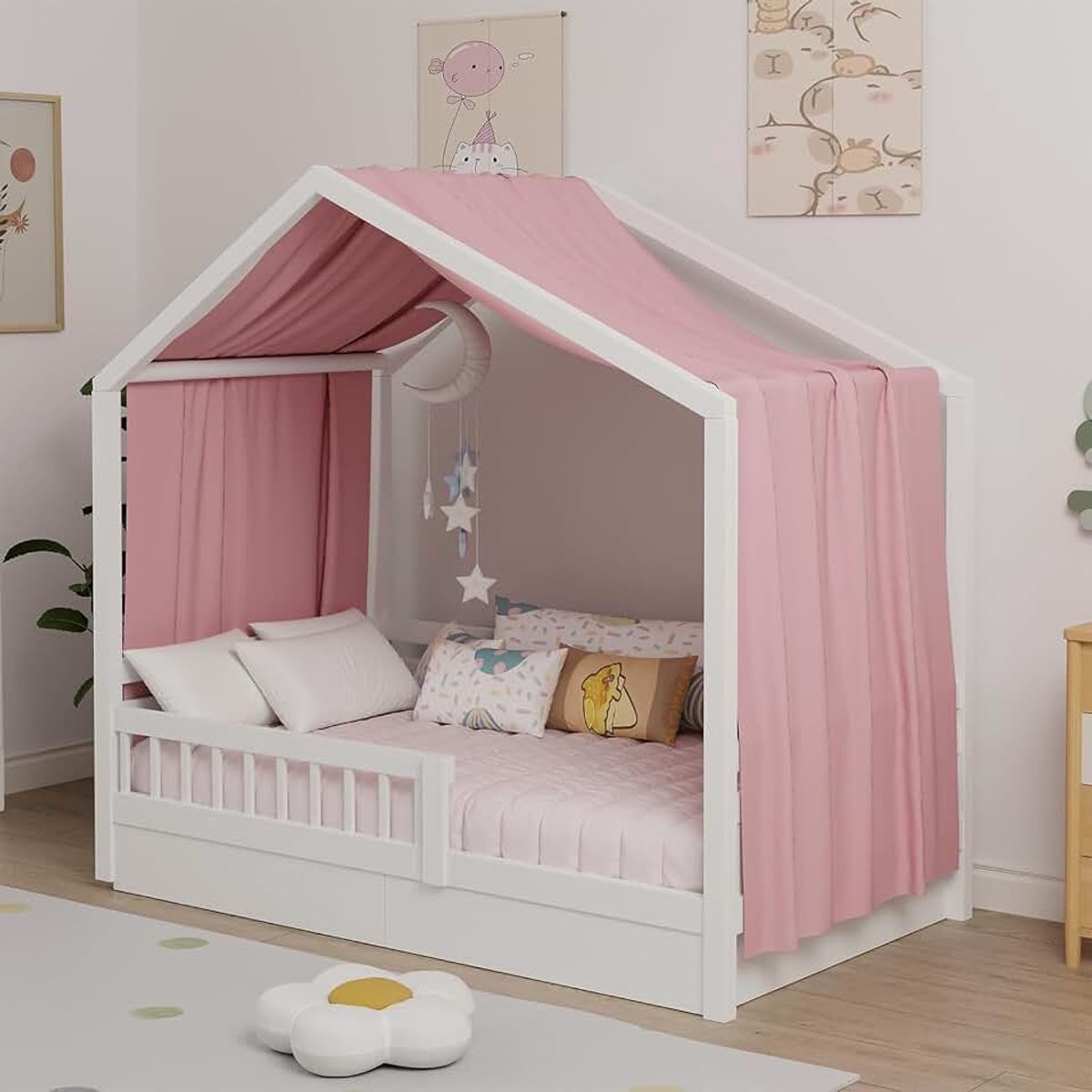 Hemelbed, roze, 1-delige set, H 420 x B 135 cm, kinderen, hemelbed, gordijnen, mousseline met ademend en zacht, bedhemel, huisbed, decoratie voor baldakijn, kinderbed