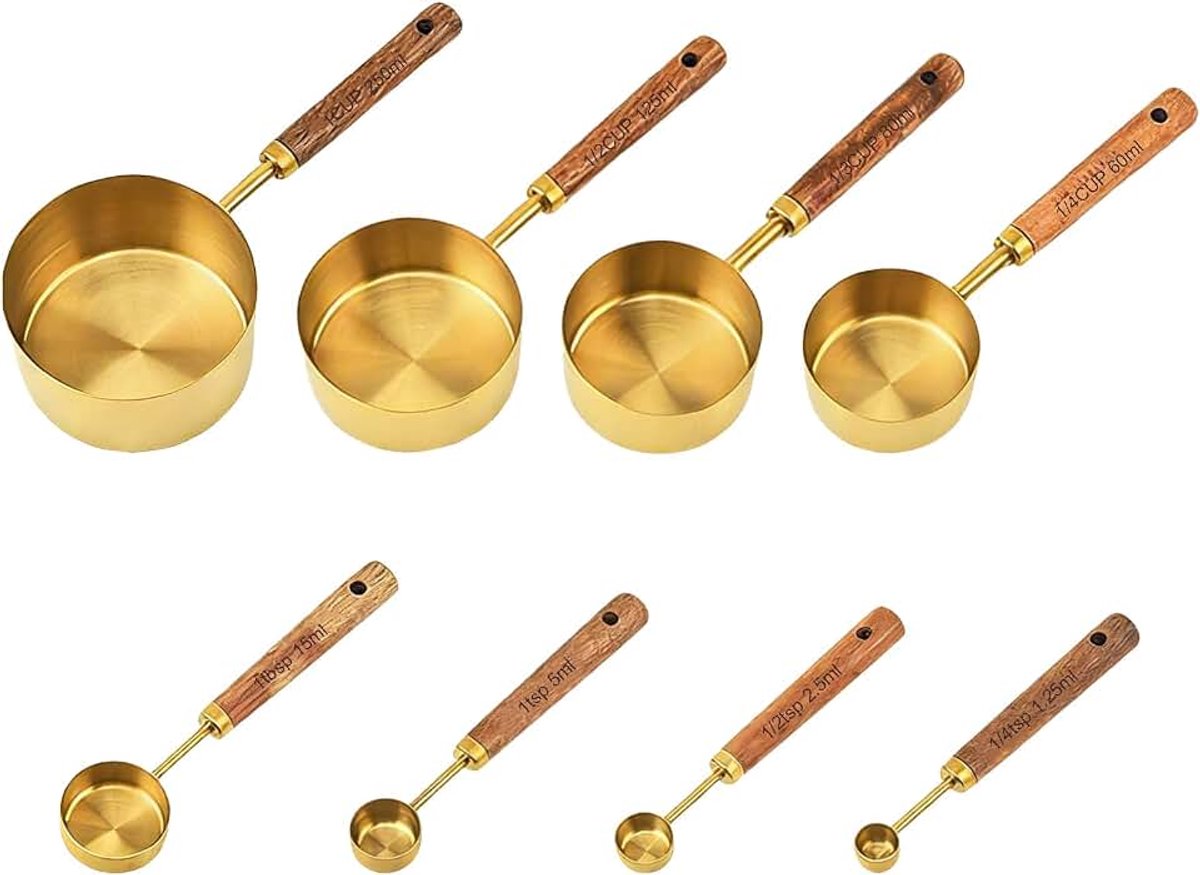 8-delige maatbekerset, maatlepelset, keukenmeetset, bakgerei, voedselveilig, met metrische en Amerikaanse maten, voor koken, bakken, bereiden van dranken en huishouden (goud)