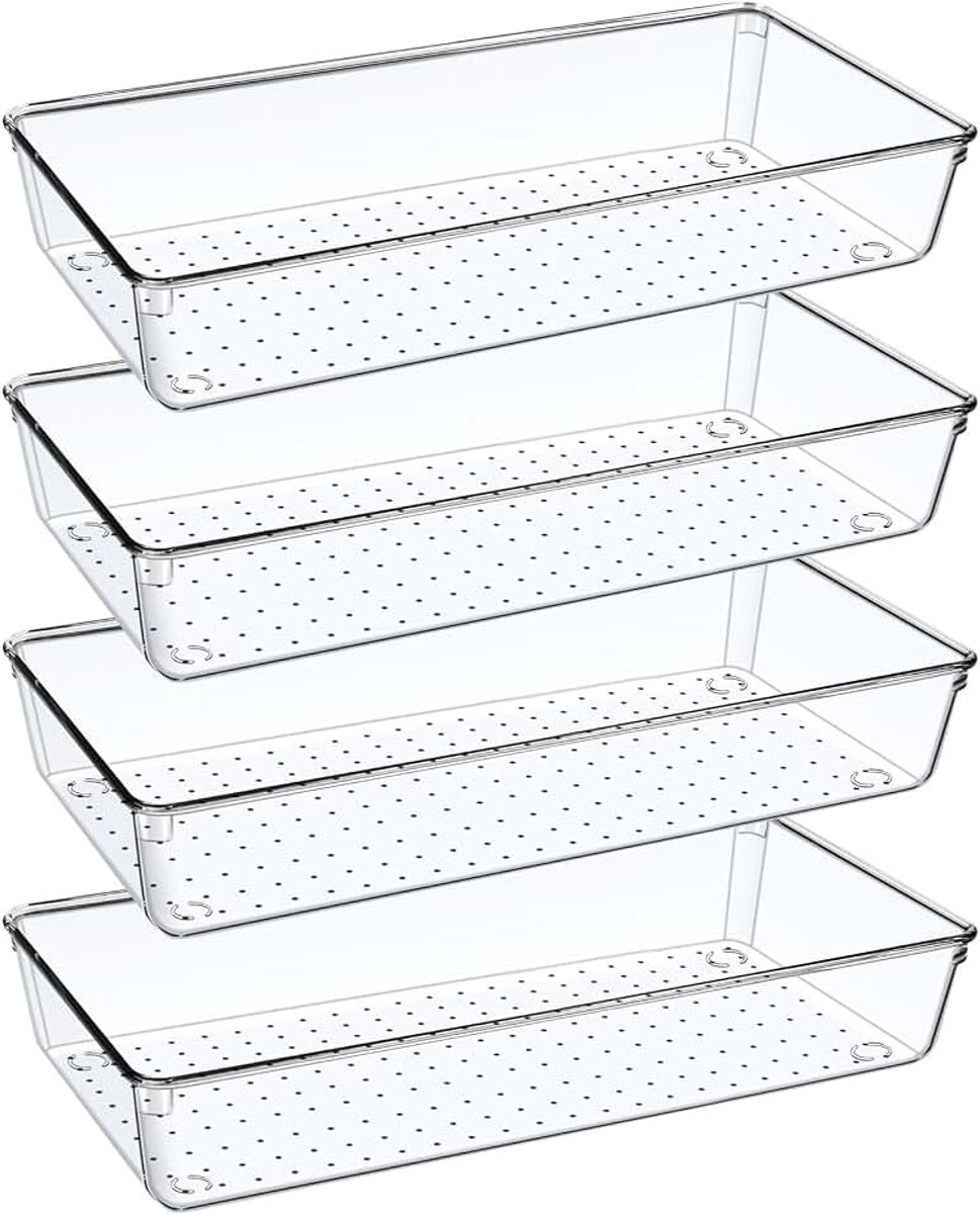 4 stuks doorzichtige lade-organizer, groot 30 cm, make-uptafel, opbergsysteem, make-up badkamer, lade-organizer, voor keuken, cosmetica, bureau, kantoor, badkamer lade