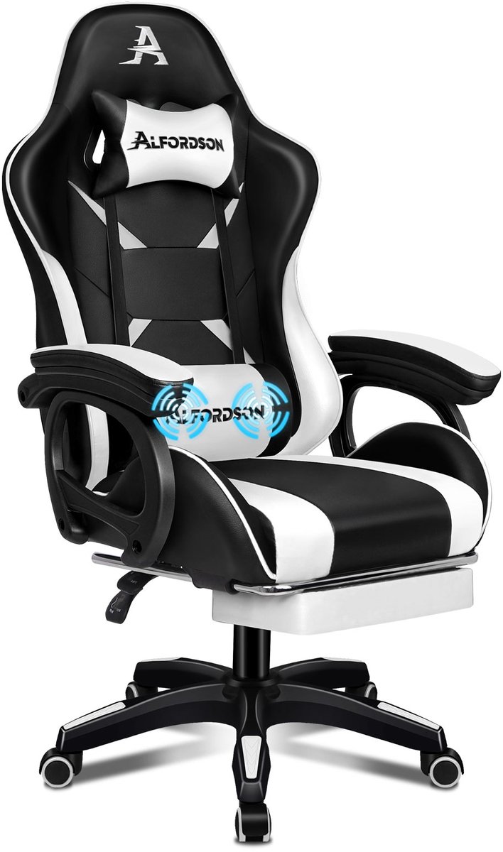 ALFORDSON Gaming Stoel, Gaming Fauteuil met Masserende Lendensteun, Ergonomische Gamer Stoel met Hoofdsteun, Hoogteverstelbaar, PU-Leder, Zwart