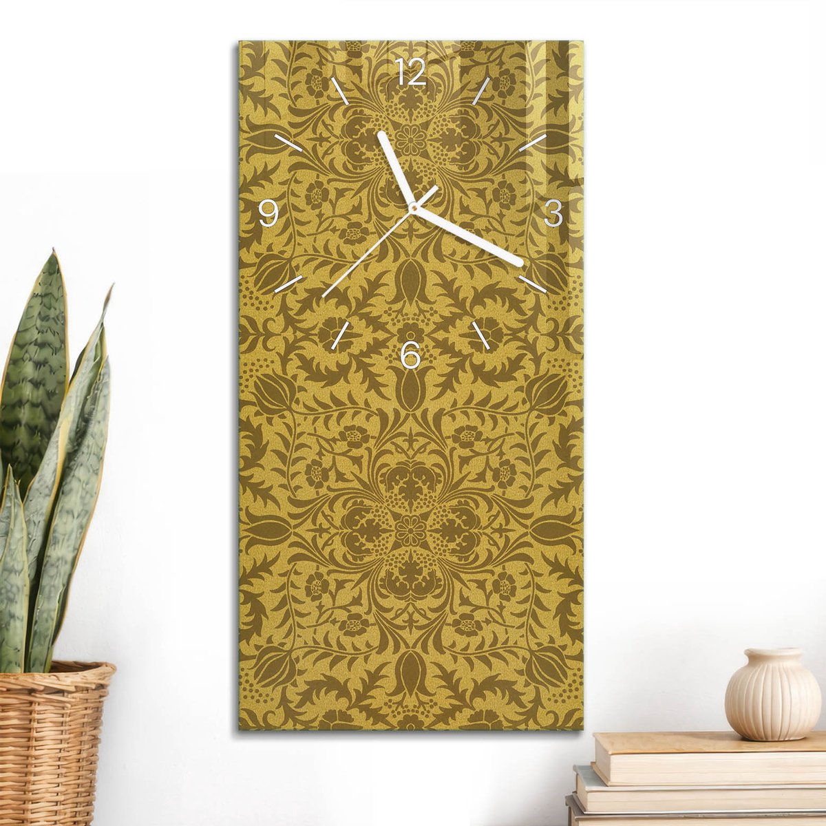 ArtPrintCave Geel Glazen Klok - 30x60 cm - Rechthoekige Wandklok - Warm Ornament Stille Wandklok - Kunst Wandklok Keuken - Witte Klokwijzers