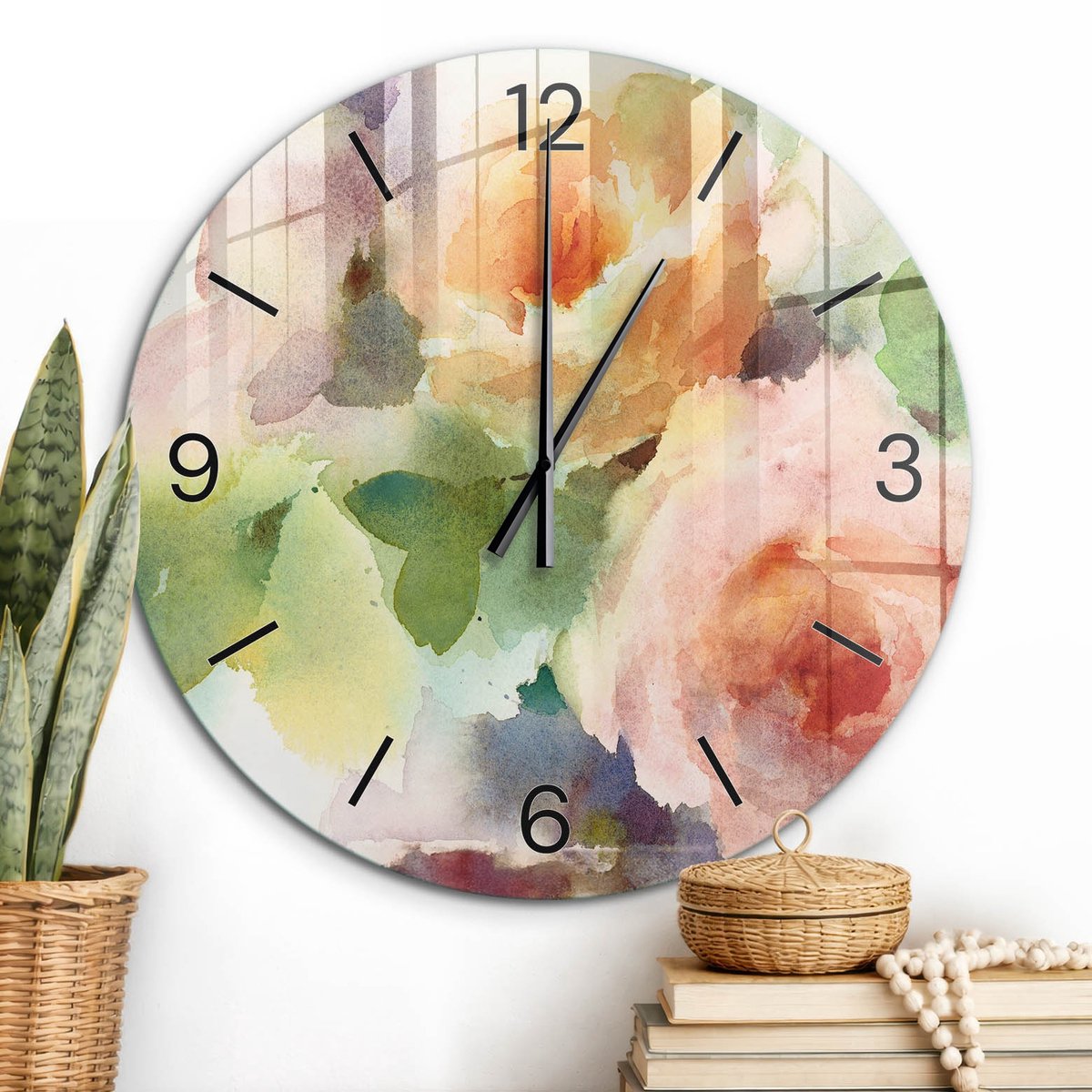 ArtPrintCave Groene Glazen Klok - Wandklok 60 cm - Muurklok Rond - Een Bloemenmeesterwerk Wandklok Keuken - Kunst Unieke Klok - Zwarte Klokwijzers